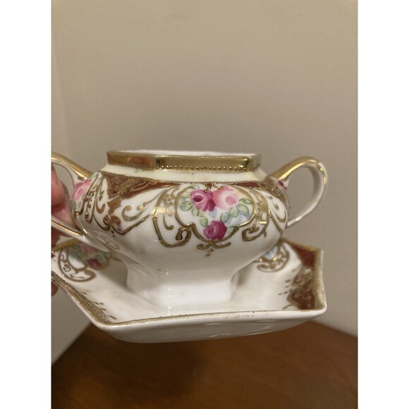 Antique Nippon c1911 Floral Sugar Bowl W/ Lid & Spoon Attached Plate Gold Accent - Picture 7 of 14